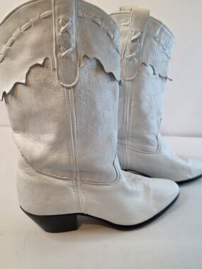 Women's White Leather Loredo  Western Mid-Calf Heeled Boots Size 7